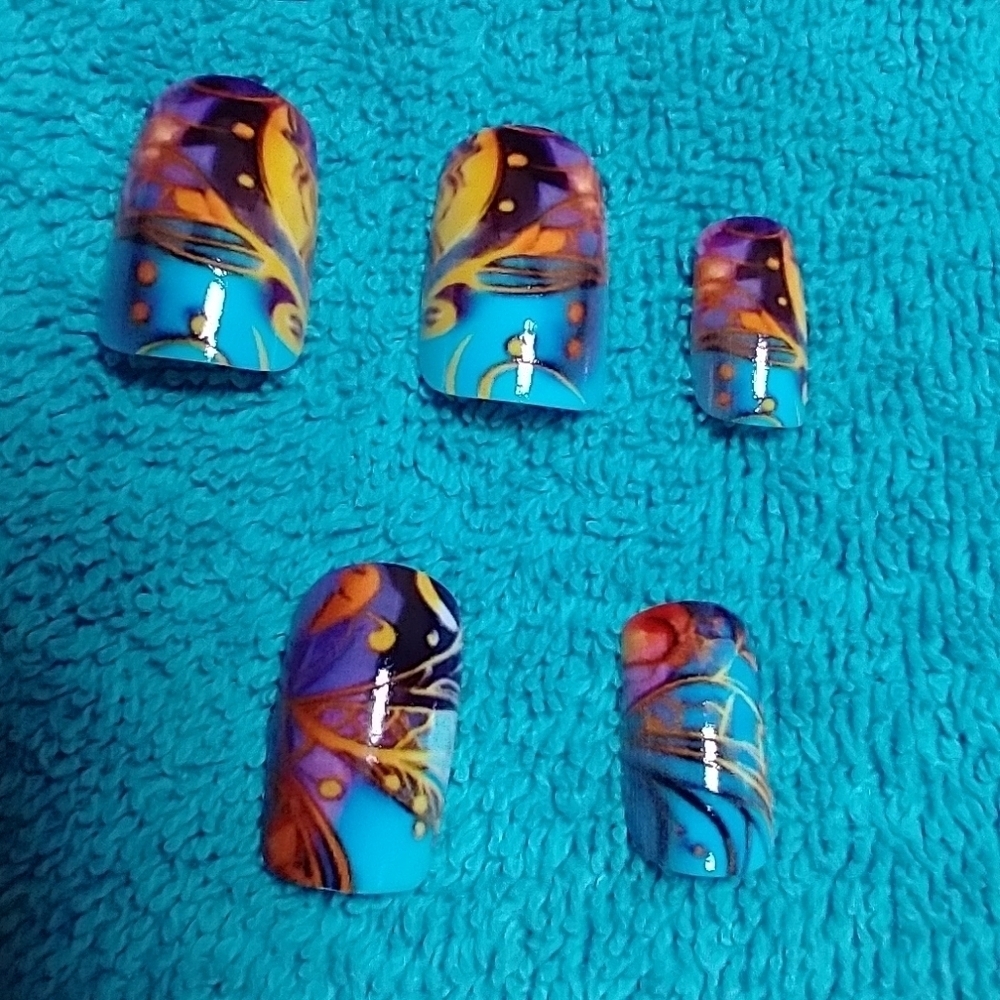 Press on nails abstract blue purple black orange yellow colorful set